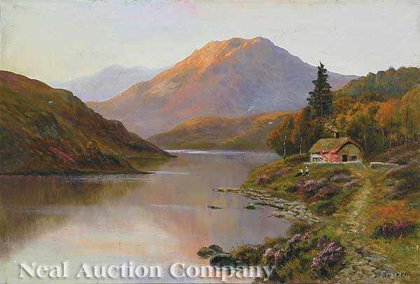 Appraisal: Daniel Sherrin British - Figures Beside a Lake District Cottage