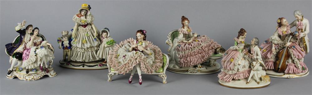 Appraisal: SIX ASSORTED PORCELAIN CRINOLINE FIGURES including two with young ladies