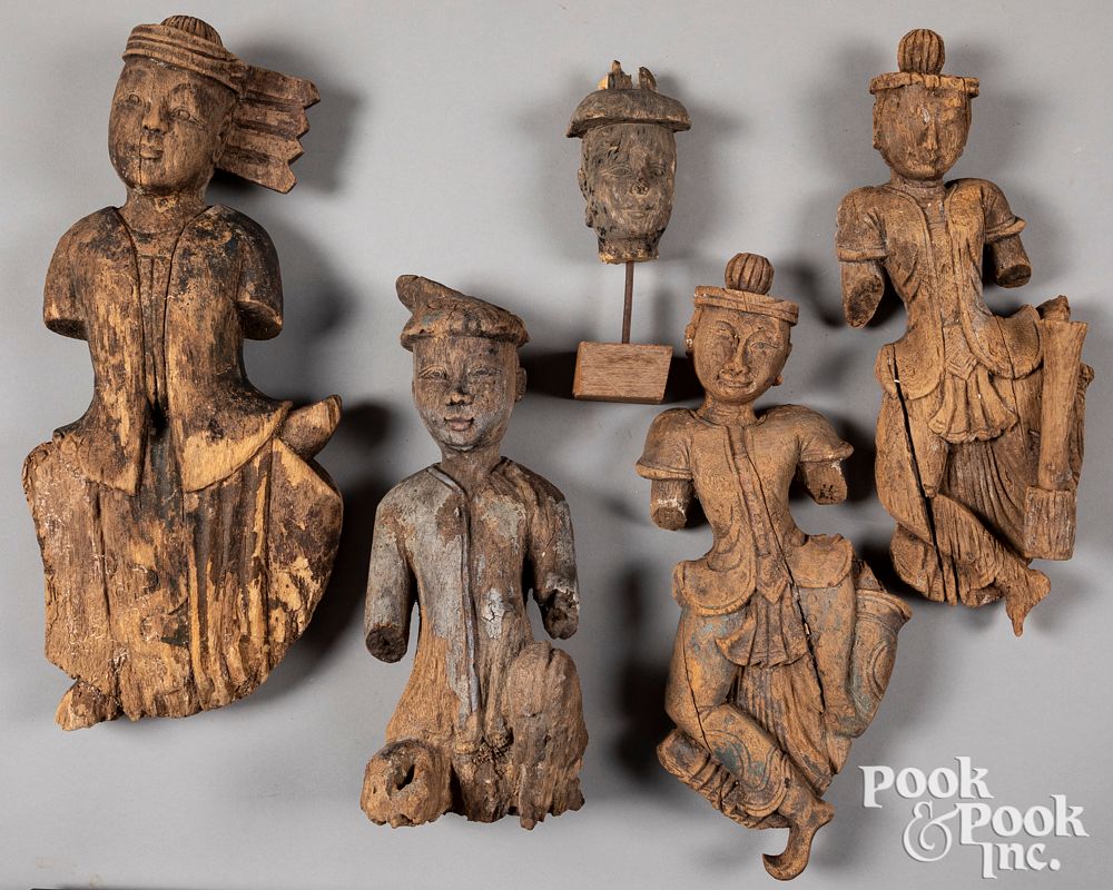 Appraisal: Group of Thailand carved wooden figures Group of Thailand carved