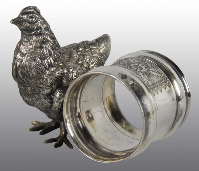 Appraisal: Large Standing Chicken Figural Napkin Ring Description Meriden No damage