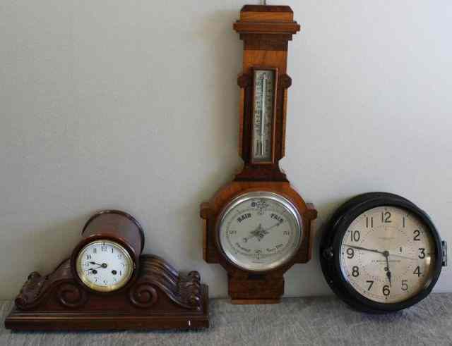 Appraisal: Lot of Two Clocks and One Barometer wood mantle clock