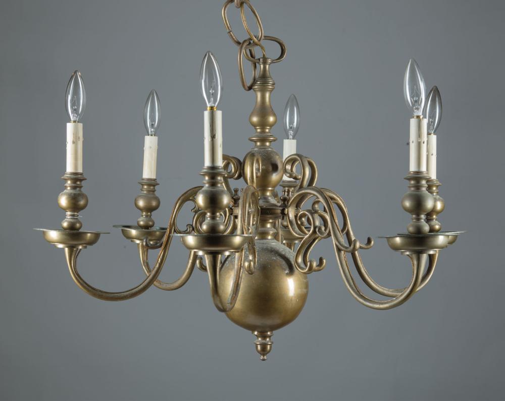 Appraisal: Dutch-Style Brass Six-Light Chandelier scrolled arms electrified h excluding chain