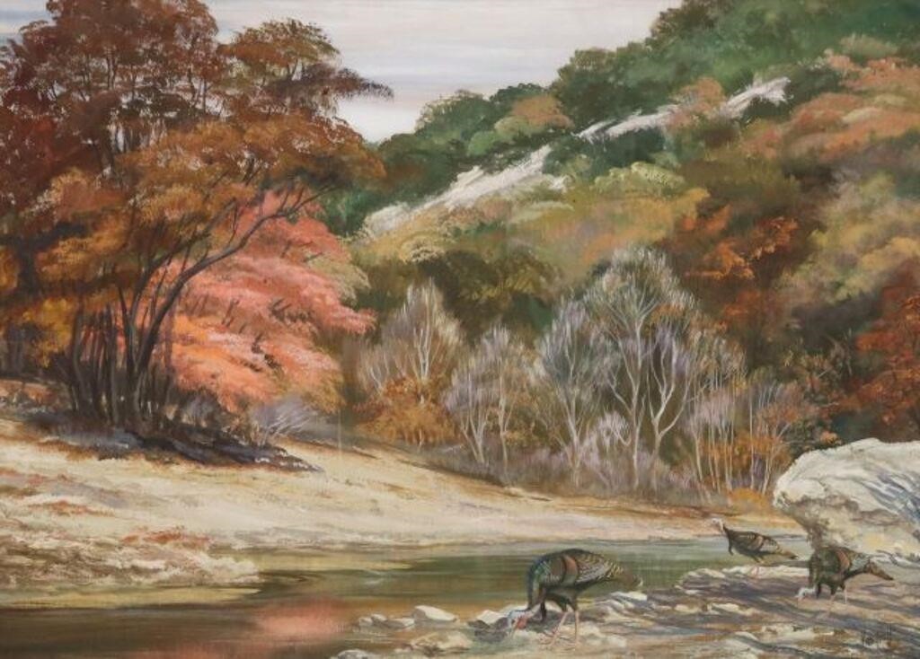 Appraisal: Framed gouache painting on paper River Landscape with Wild Turkeys