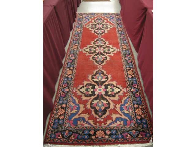 Appraisal: Mashad Persian Handmade Runner triple flower medallions floral indigo border