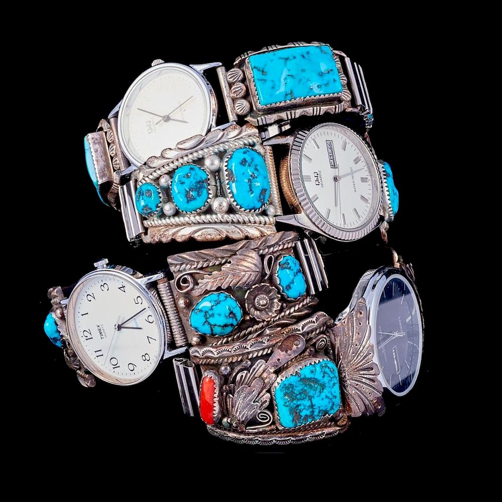 Appraisal: NAVAJO WATCH BANDS Four Vintage old pawn Southwest turquoise silver