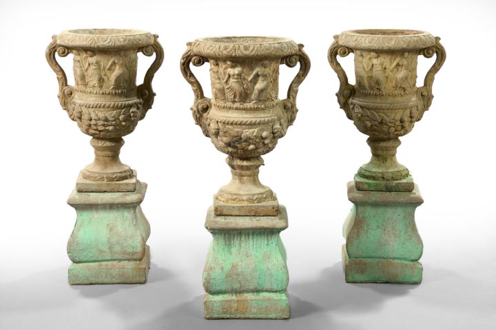 Appraisal: Trio of Neoclassical-Style Cast-Stone Garden Urns-on-Stands of campana form the