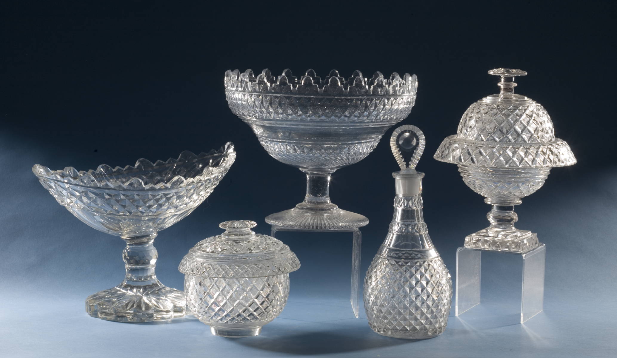 Appraisal: COLLECTION OF ANGLO-IRISH DIAMOND CUT GLASS TABLE OBJECTS INCLUDING A