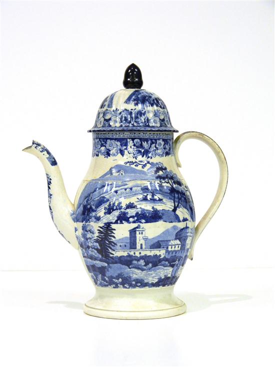 Appraisal: Staffordshire blue transfer-ware coffee pot with domed lid landscape design