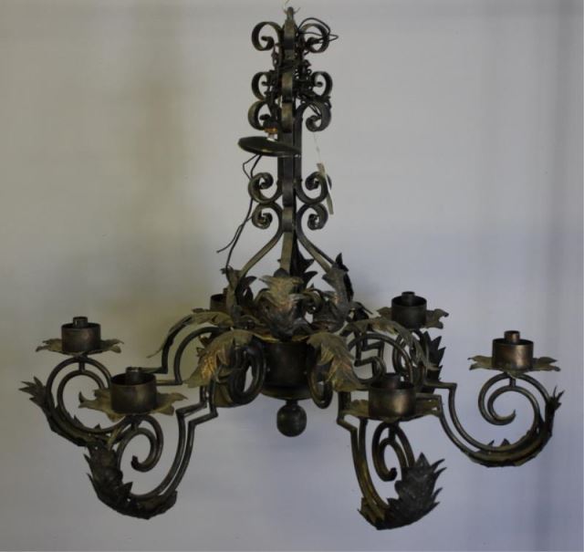 Appraisal: Large Patinated Metal and Iron Arm Chandelier With leaf form