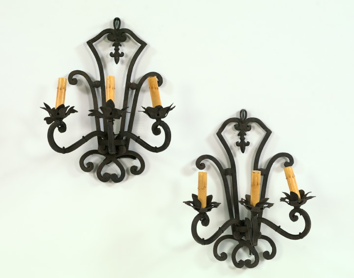 Appraisal: Large Pair of French Cut- and Wrought-Iron Three-Light Appliques in