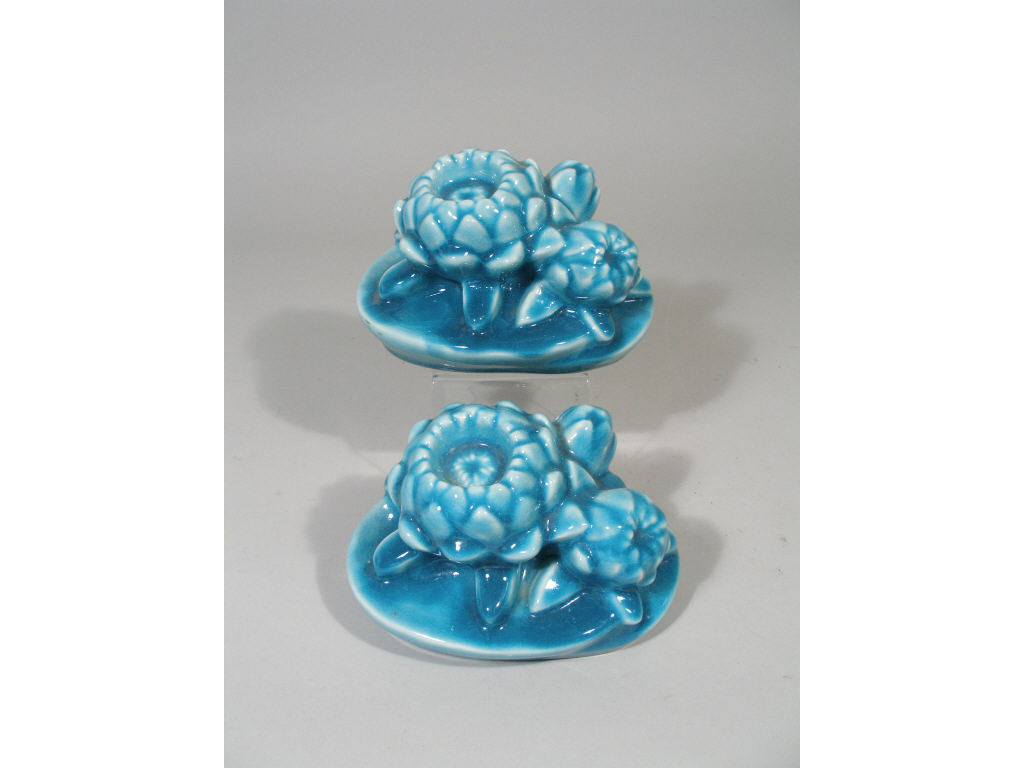 Appraisal: Rookwood Bookends Water Lilies turquoise crackle glaze bottom w impressed