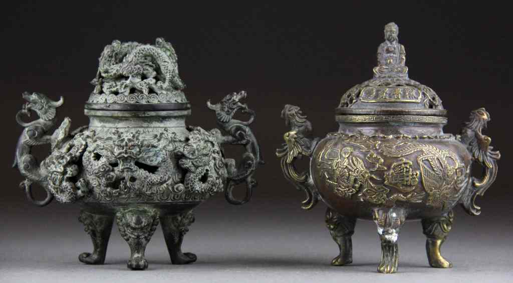 Appraisal: Chinese Qing Bronze CensorsFinely cast one to depict dragons chasing