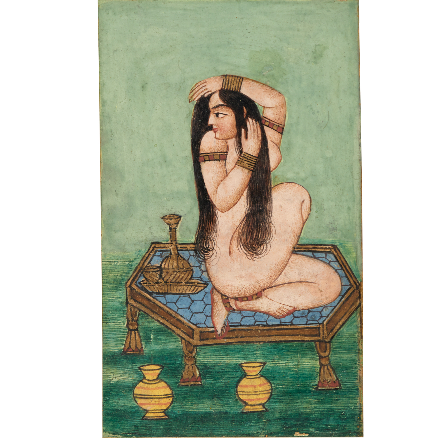 Appraisal: INDO-PERSIAN PAINTING FEMALE NUDE th c female nude posed on