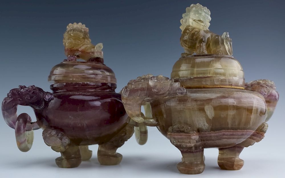 Appraisal: Chinese PAIR Carved Fluorite Foo Dog Lidded Jars Pair of