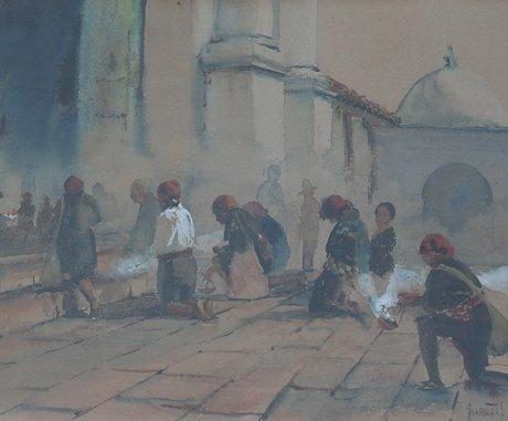 Appraisal: PRAYING AT A MOSQUE PAINTING SIGNED BARNARD Watercolor '' x