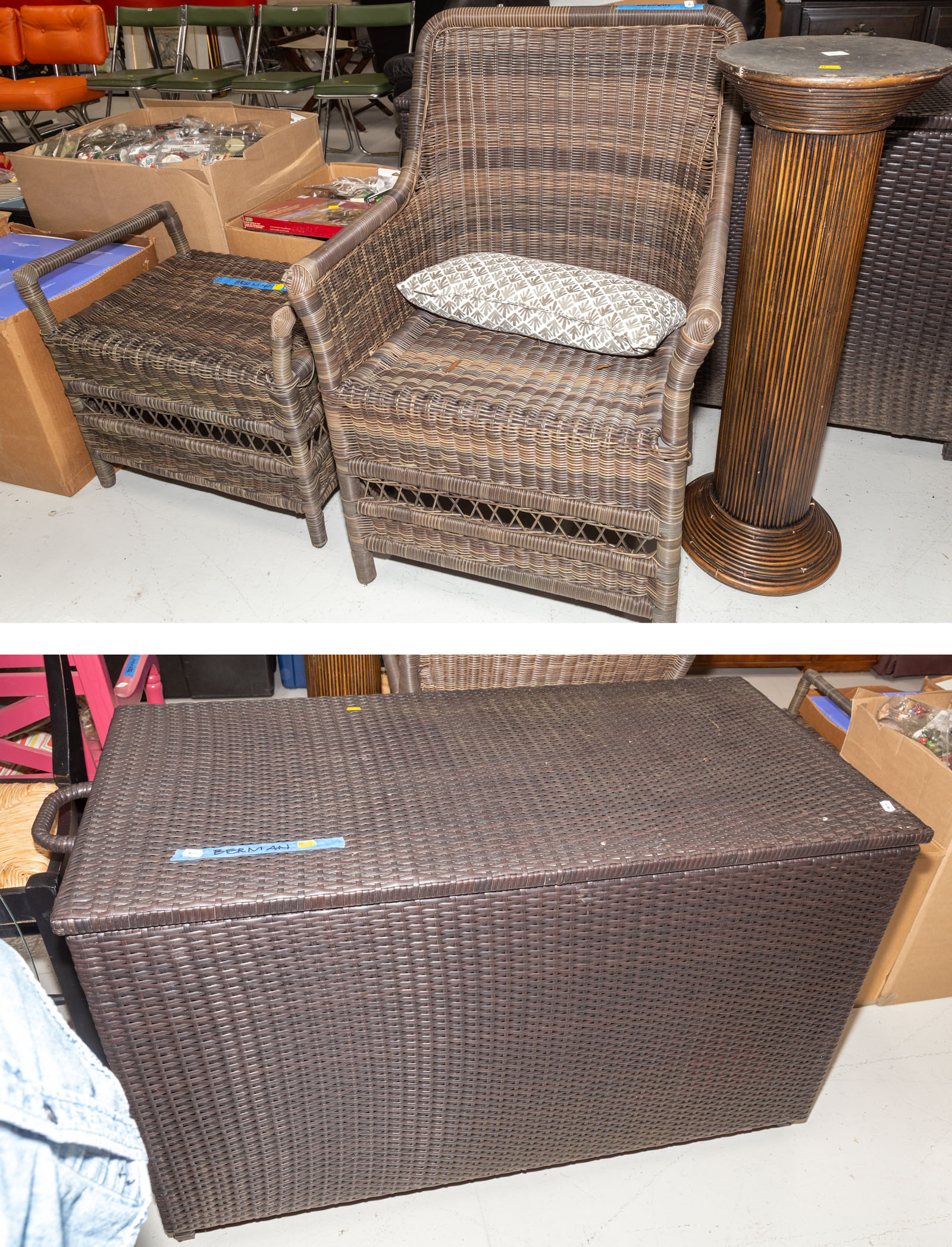 Appraisal: THREE PIECES OF PATIO FURNITURE Includes large cushion bin arm