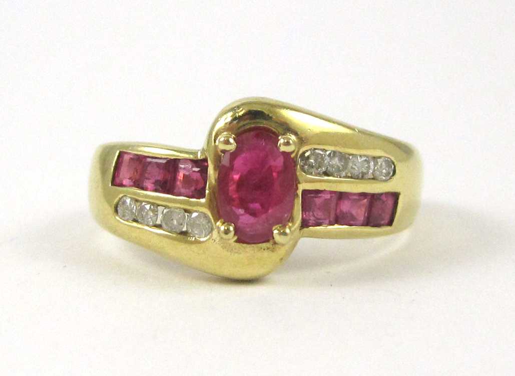 Appraisal: RUBY DIAMOND AND FOURTEEN KARAT GOLD RING with six square-cut