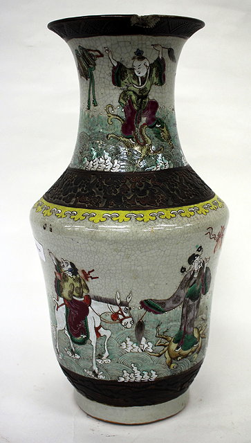 Appraisal: A CHINESE CRACKLE GLAZE BALUSTER VASE decorated with polychrome enamel