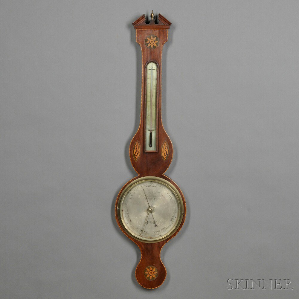 Appraisal: Inlaid Mahogany Veneer Wheel Barometer A Giacometti Fecit possibly Berwick