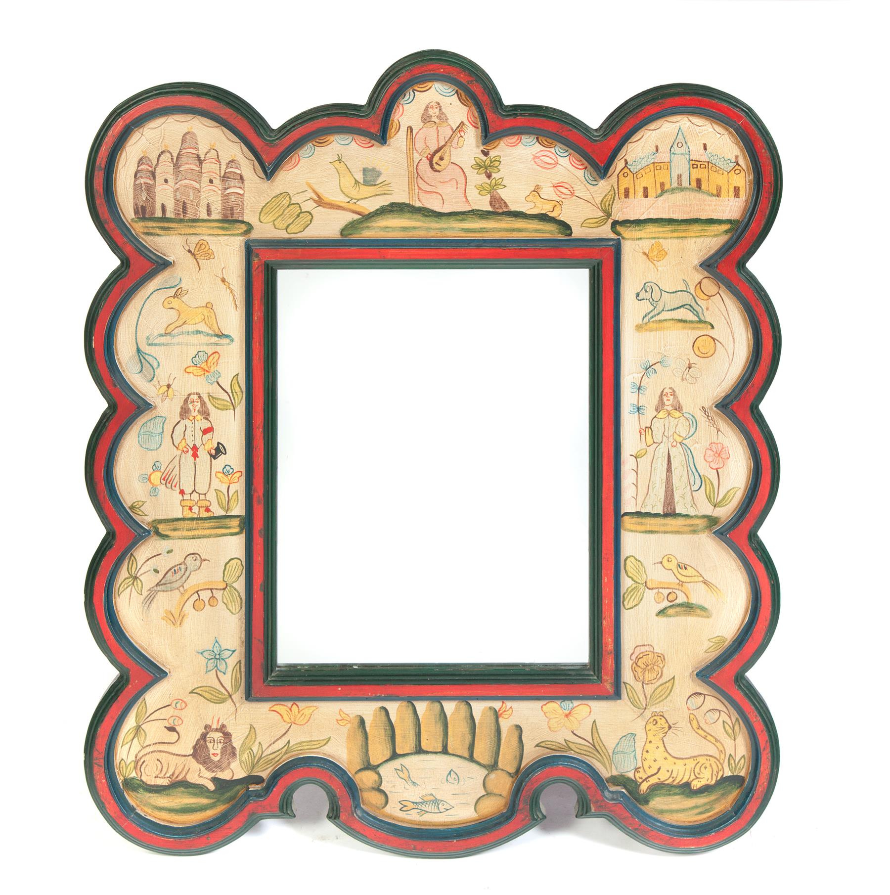 Appraisal: SCENIC PAINTED MIRROR European th century Scalloped edges with red