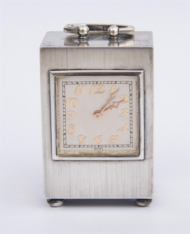 Appraisal: SWISS SILVER-PLATE TRAVELING CLOCK Stamped 'Stylo ' and 'Argento' in