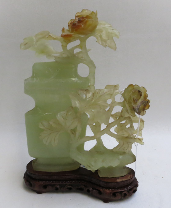 Appraisal: CHINESE CARVED JADE SCULPTURAL VESSEL on hardwood plinth the serpentine