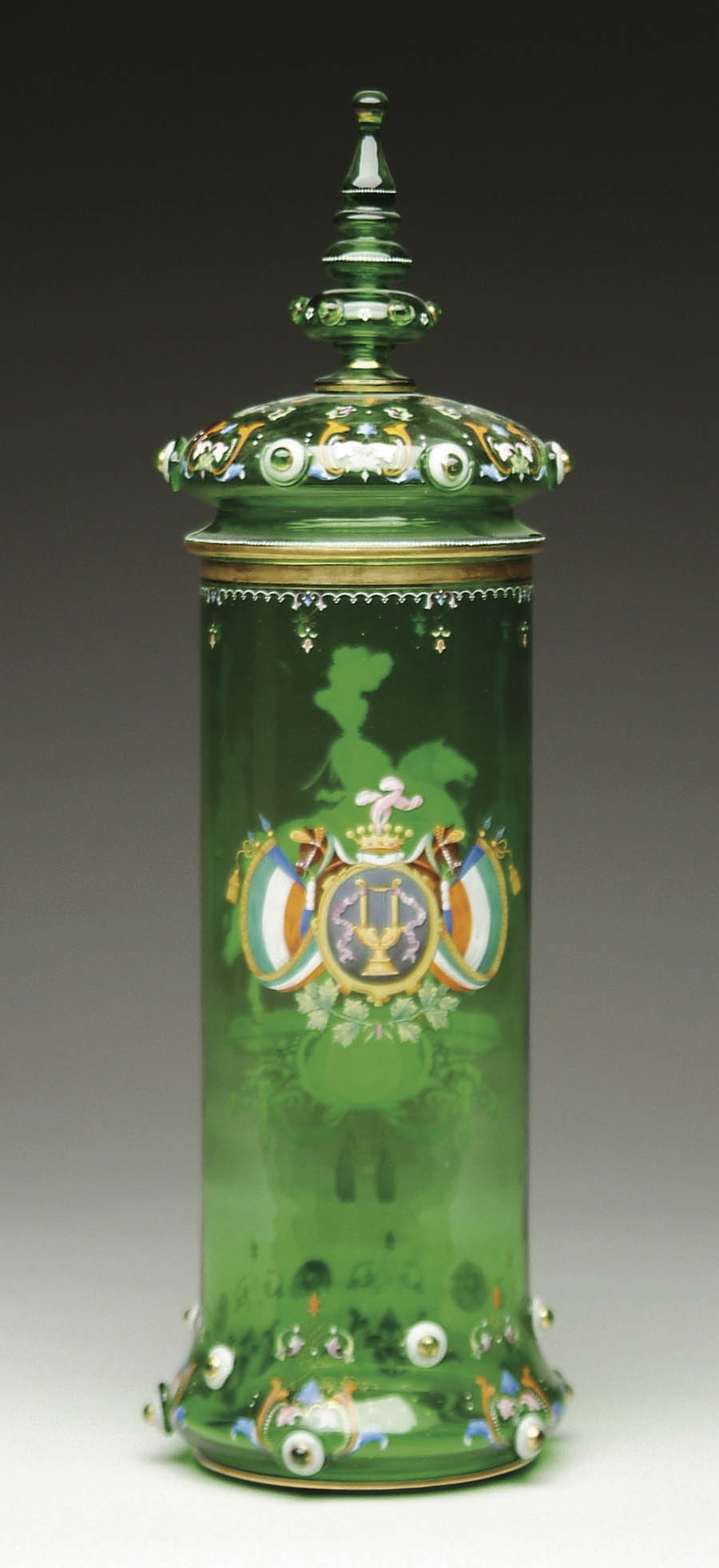 Appraisal: LARGE COLORED GREEN ENAMELED POKAL Tall cylinder shaped piece has