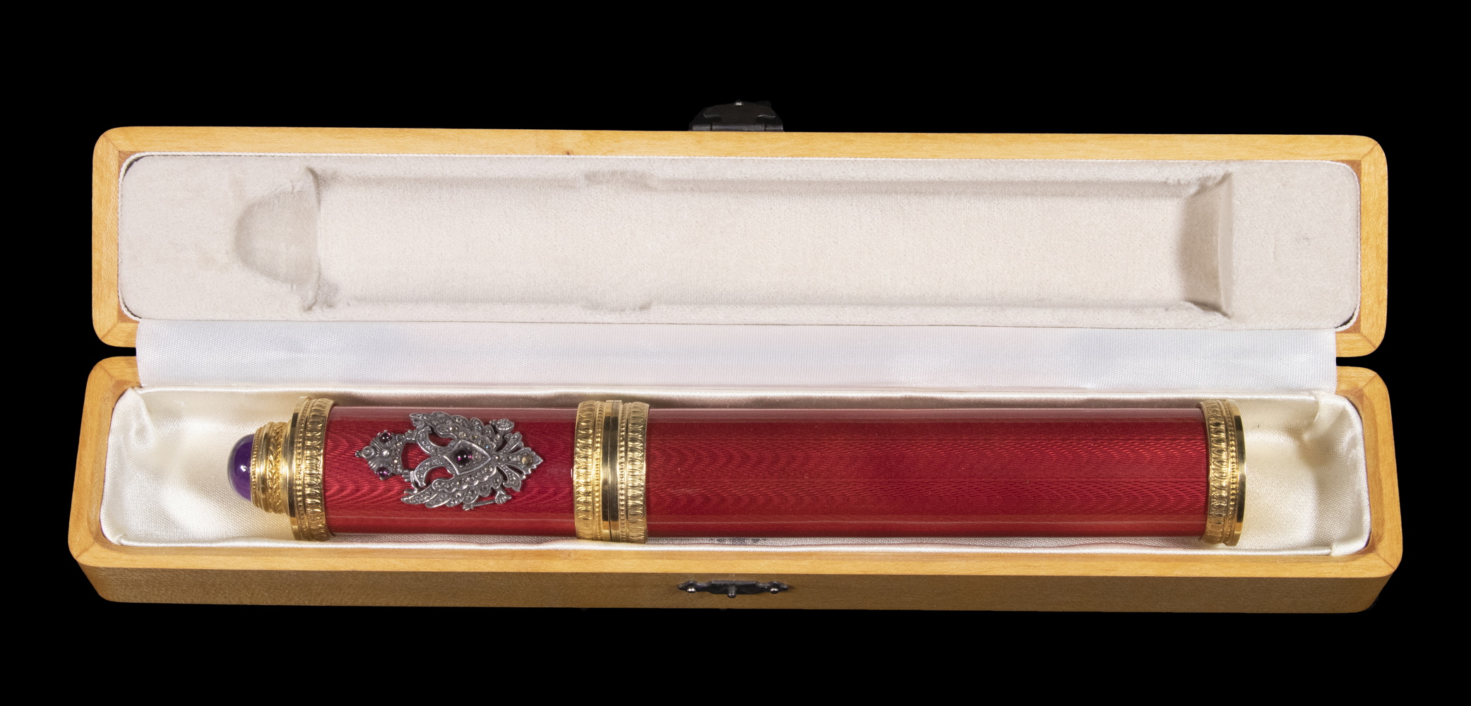 Appraisal: RUSSIAN SILVER GUILLOCHE ENAMEL CIGAR CASE Red Enameled Cigar Tube