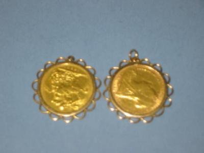 Appraisal: TWO VICTORIAN GOLD SOVEREIGNS dated and in ct gold mounts