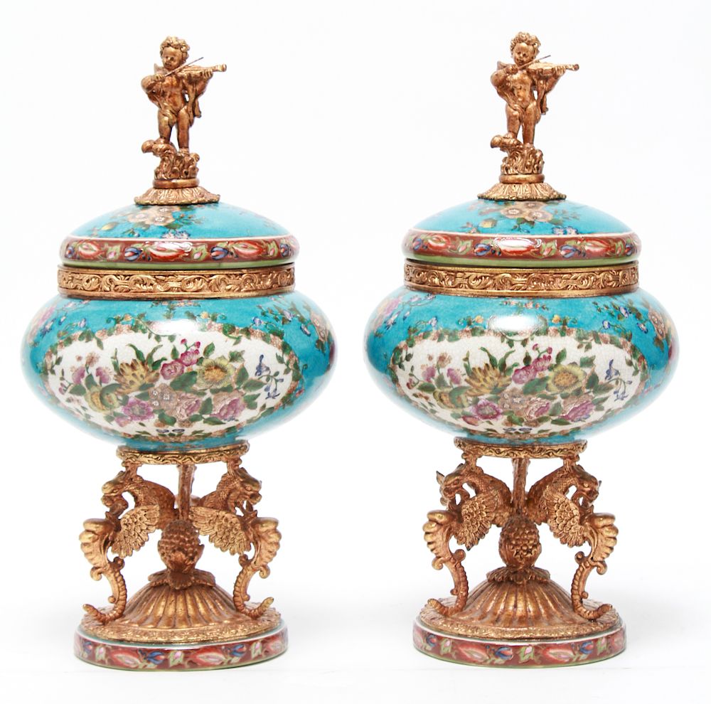 Appraisal: French Manner Porcelain Metal Covered Urns Pair French manner covered