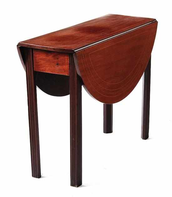 Appraisal: American inlaid mahogany drop-leaf table circa rectangular top over curved