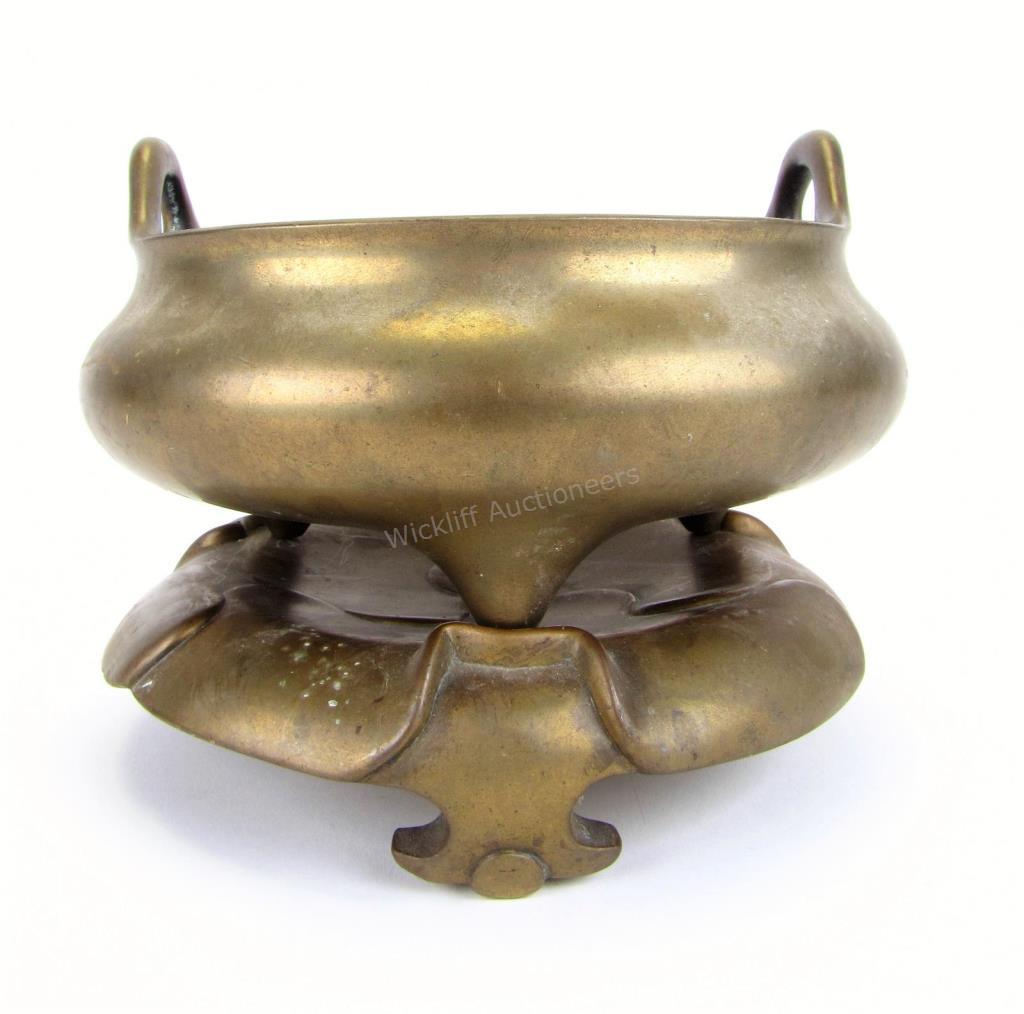 Appraisal: Antique Chinese Bronze Tripod Censer two piece censer with tripod