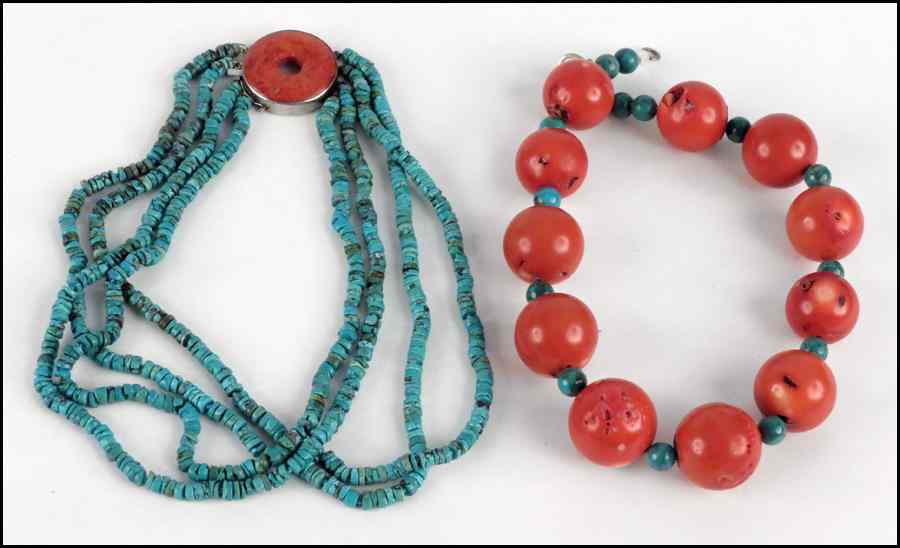 Appraisal: TURQUOISE FOUR-STRAND NECKLACE With a coral and sterling silver clasp