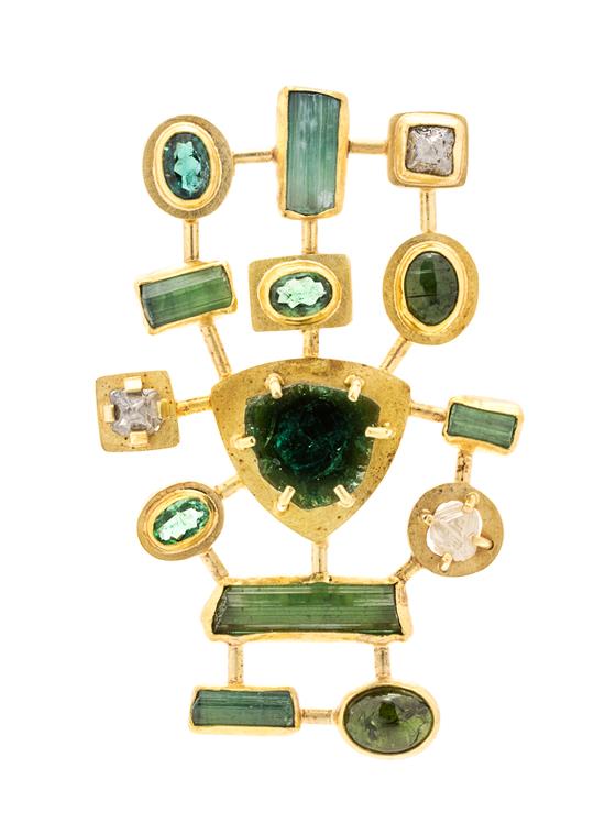 Appraisal: Sale Lot An Karat Yellow Gold Tourmaline and Diamond Brooch