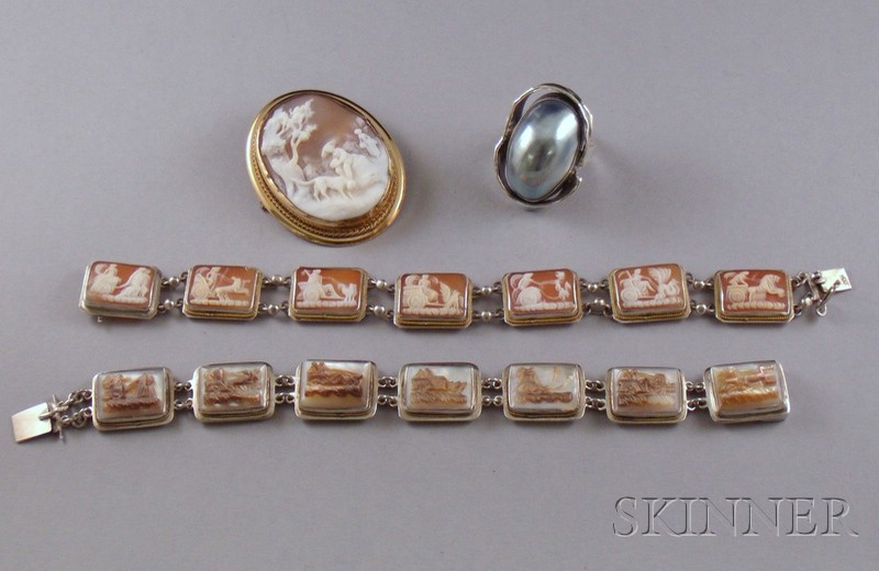 Appraisal: Two Silver Shell Carved Cameo Bracelets a Gold-framed Shell Carved