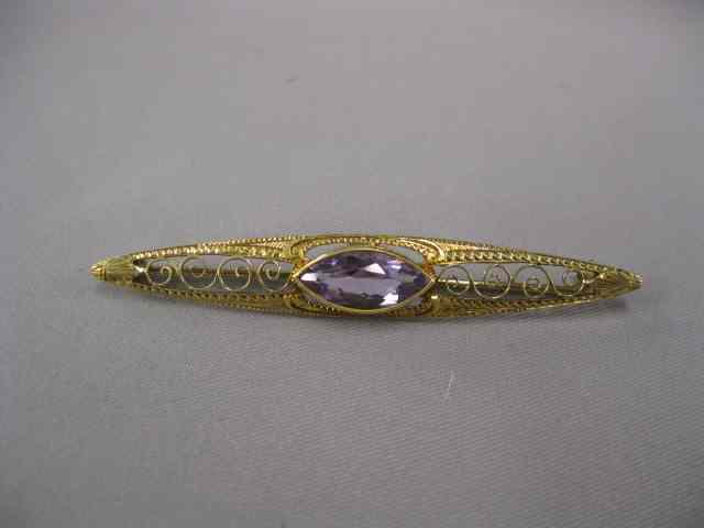 Appraisal: Amethyst Bar Pin fine marquise gem in kyellow gold openwork