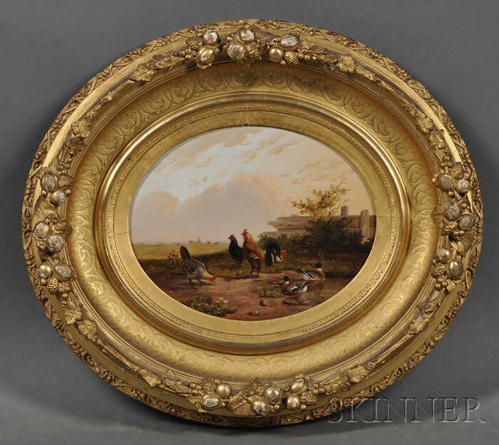 Appraisal: American School th Century Landscape with Chickens and Ducks Signed