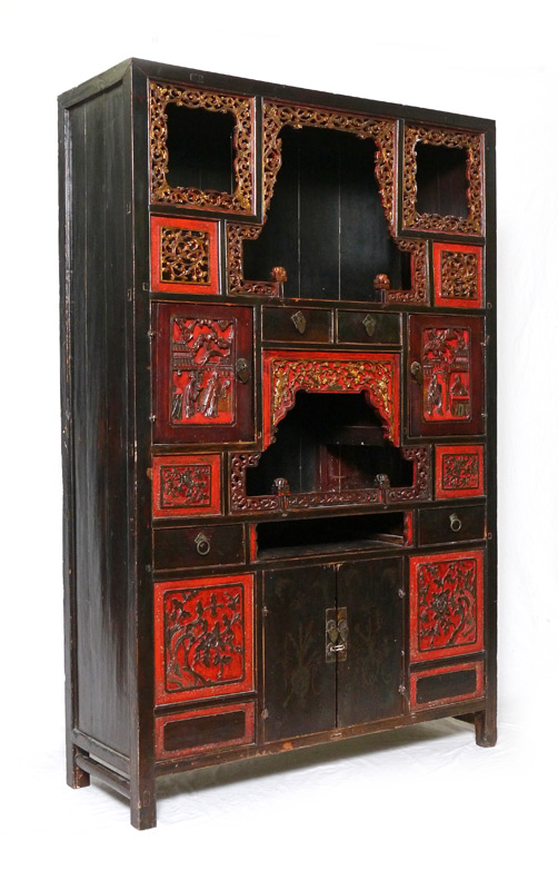 Appraisal: CARVED CHINESE CABINET ETAGERE Red and black lacquer gilt accents