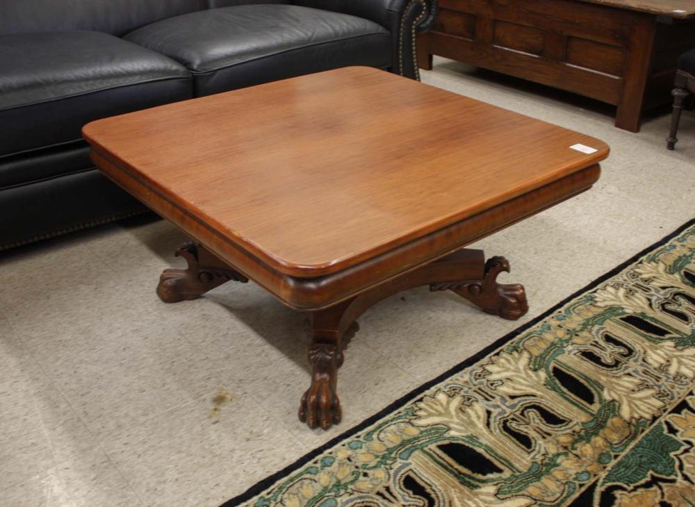 Appraisal: SQUARE EMPIRE REVIVAL MAHOGANY COFFEE TABLE American c an antique