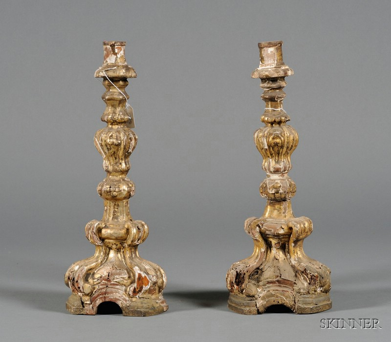 Appraisal: Pair of Italian Baroque-style Giltwood Candlesticks with balustroid stem on