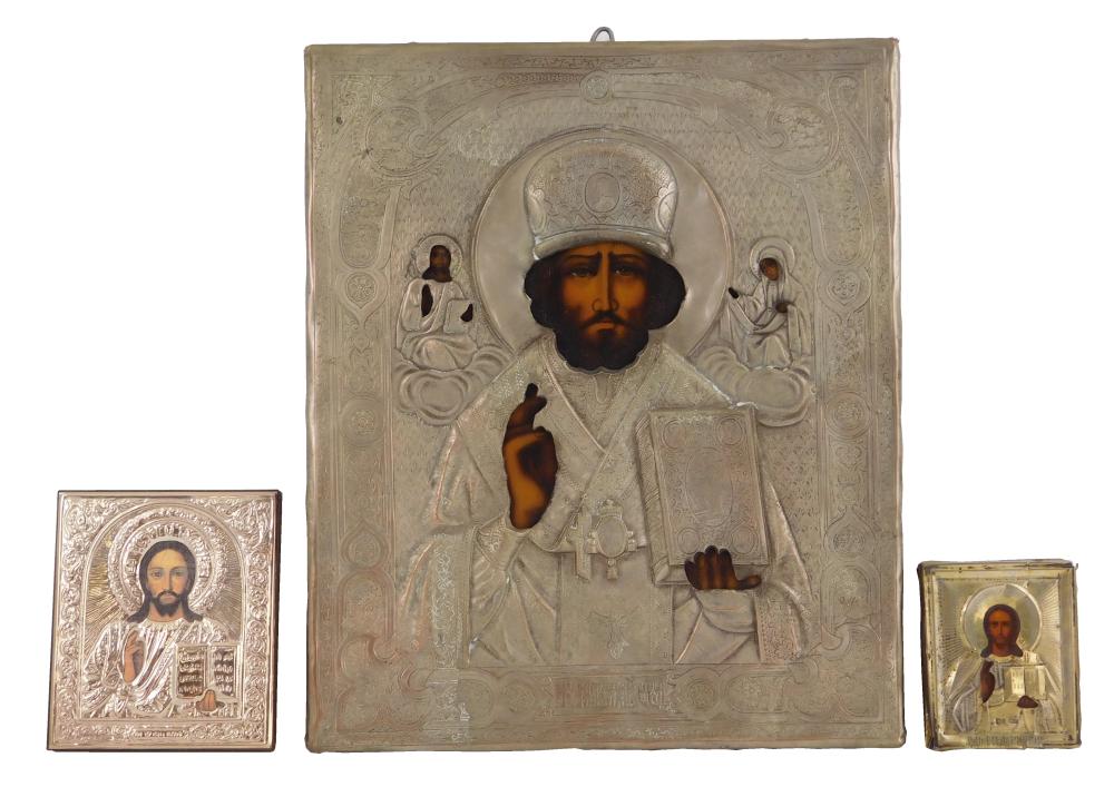 Appraisal: Three icons on panel Russian th th C largest depicting