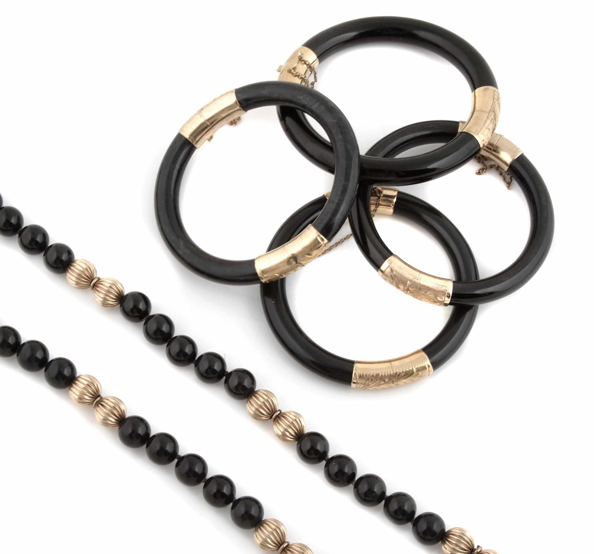 Appraisal: A collection of black jade black onyx diamond cultured pearl