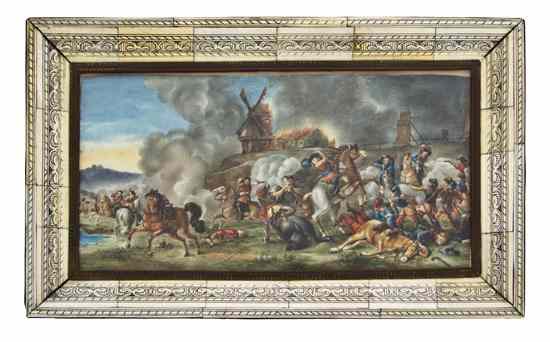 Appraisal: A Continental Watercolor depicting a battle scene before a burning