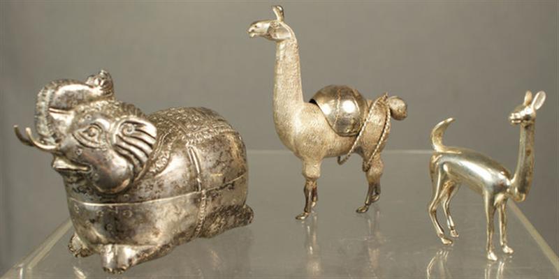 Appraisal: SE Asian silver crouching elephant covered box l Peruvian sterling