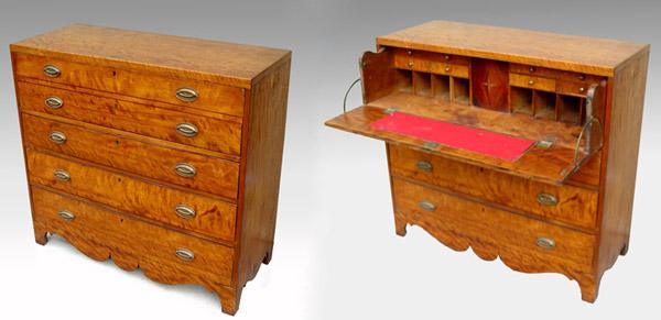 Appraisal: th C FLAME BIRCH SECRETARY CHEST Upper drawer has fall