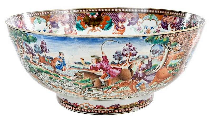 Appraisal: Large Famille Rose Hunt Scene Punch Bowl Chinese Qianlong period