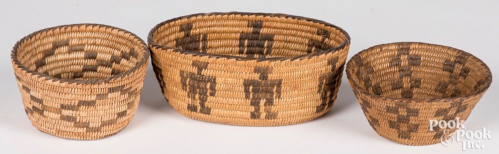 Appraisal: Three Apache Pima Indian coiled baskets Three Southwestern Indian coiled