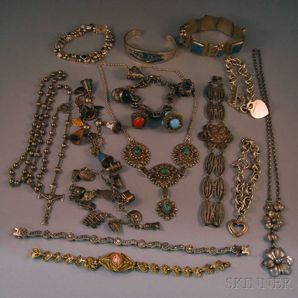 Appraisal: Group of Silver Jewelry including a Mexican bracelet a filigree