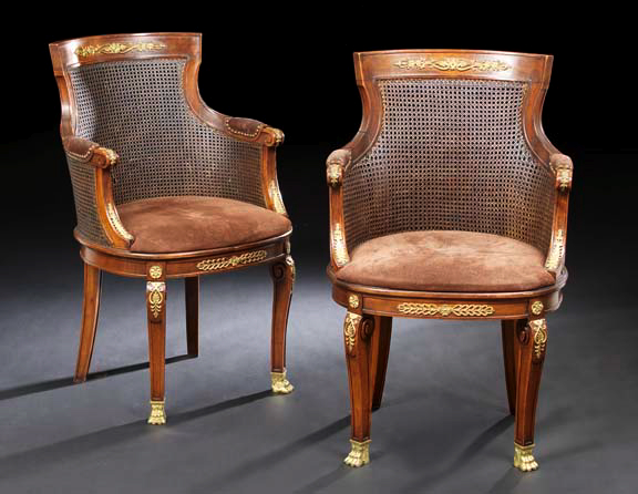 Appraisal: Pair of Empire-Style Ormolu-Mounted Mahogany Bergeres each with a curved