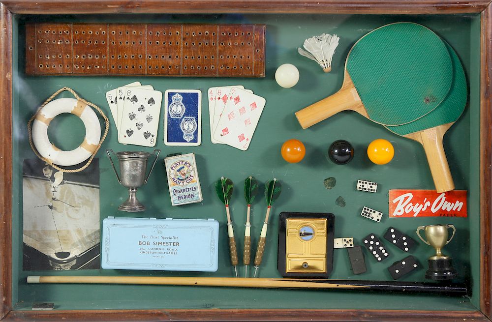 Appraisal: Shadowbox Collection of Vintage and Antique Games and Sports Memorabilia